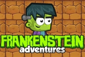 Tegneserie-stil figur med grøn hud og sort hår står foran en murstensbaggrund med teksten Frankenstein Adventures nedenunder