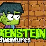 Tegneserie-stil figur med grøn hud og sort hår står foran en murstensbaggrund med teksten Frankenstein Adventures nedenunder