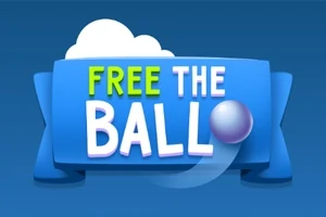 Blå baggrund med teksten Free the Ball i farverig typografi og en grafisk bold