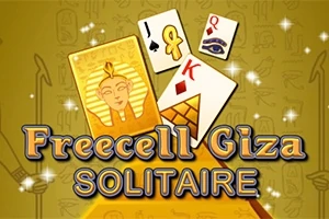 Gul baggrund med egyptiske hieroglyffer og symboler, tre spillekort og teksten Freecell Giza Solitaire
