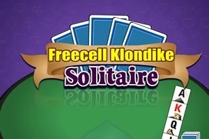 Kortspil med navnet Freecell Klondike Solitaire på en grøn baggrund med fire blå spillekort og et sæt kort til højre
