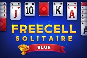 Kortspil med spillekort og teksten Freecell Solitaire Blue på en blå baggrund