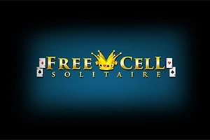 Teksten Free Cell Solitaire med et gult krone-symbol i midten, omgivet af fire spillekort, på en blå baggrund
