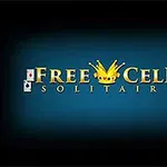 Teksten Free Cell Solitaire med et gult krone-symbol i midten, omgivet af fire spillekort, på en blå baggrund