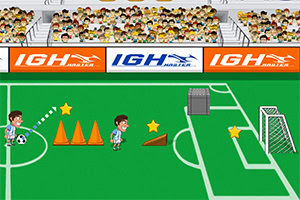 En tegneserie-illustration af en fodboldspiller i et stadion med publikummer, kegler, stjerner og et mål