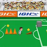 En tegneserie-illustration af en fodboldspiller i et stadion med publikummer, kegler, stjerner og et mål