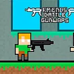 To pixel-artfigurer står på græsset, hvor den ene holder et stort våben, med teksten Friends Battle Gunwars i baggrunden