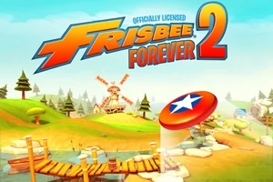 En farverig tegneserie-landsby ofte med bakker, træer, en mølle i baggrunden, og en svævende frisbee med en stjerne i forgrunden