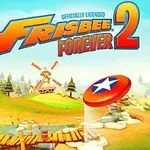 En farverig tegneserie-landsby ofte med bakker, træer, en mølle i baggrunden, og en svævende frisbee med en stjerne i forgrunden