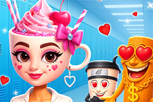 En kvinde med en kop som hoved, dekoreret med pink is, bærer hjerteformede øreringe; bag hende er en kop og en emoji med hjerteformede øjne i en korridor med blå skabe