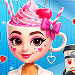 En kvinde med en kop som hoved, dekoreret med pink is, bærer hjerteformede øreringe; bag hende er en kop og en emoji med hjerteformede øjne i en korridor med blå skabe