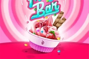 En skål med lyserød is dekoreret med bær, chokoladepinde og farverige slik, sat mod en lys pink baggrund