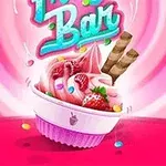 En skål med lyserød is dekoreret med bær, chokoladepinde og farverige slik, sat mod en lys pink baggrund