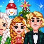 Fire animerede figurer med store øjne står foran et juletræ og en snemand, mens de smiler
