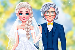 En animeret brud med langt blondt hår i fletning og en brudekjole står ved siden af en mand med gråt hår og briller iført et mørkt jakkesæt og gul butterfly, mod en baggrund af lysende farver