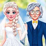 En animeret brud med langt blondt hår i fletning og en brudekjole står ved siden af en mand med gråt hår og briller iført et mørkt jakkesæt og gul butterfly, mod en baggrund af lysende farver