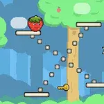 En tegneserieagtig skovscene med en jordbærfigur, stjerner, en nøgle, og platforme i et pixelkunstdesign