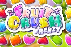 Farverige bogstaver med teksten Fruit Crush Frenzy omgivet af forskellige frugter som jordbær, æbler og appelsiner