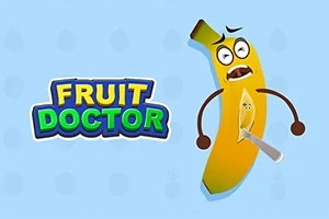 En banan med et ansigt ser bekymret ud med en kniv skåret ind i sig, ved siden af teksten FRUIT DOCTOR på en blå baggrund