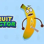 En banan med et ansigt ser bekymret ud med en kniv skåret ind i sig, ved siden af teksten FRUIT DOCTOR på en blå baggrund