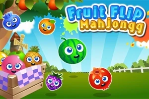 Frugter med ansigter svæver over en grøn mark med en blå himmel og en vindmølle i baggrunden, mens teksten Fruit Flip Mahjongg er øverst