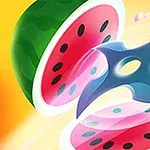 En skuriken flyver gennem en vandmelon, der er delt i to, med en lys gul baggrund