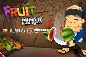 En tegneseriefigur i en ninja-dragt skærer en vandmelon med et sværd, omgivet af skiver af forskellige frugter