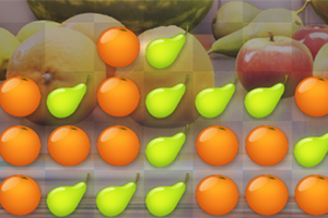 Illustration af frugter med rækker af orange kugler og grønne pærer foran et udvalg af rigtige frugter som æbler og meloner