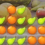 Illustration af frugter med rækker af orange kugler og grønne pærer foran et udvalg af rigtige frugter som æbler og meloner