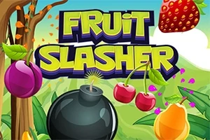 Tegneseriefrugter som blomme, kirsebær og jordbær svæver over en sort bombe foran teksten Fruit Slasher