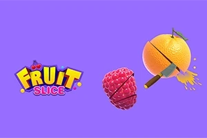 En grafik med teksten Fruit Slice på en lilla baggrund med en halveret appelsin og hindbær sammen med en kniv