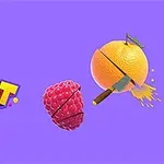 En grafik med teksten Fruit Slice på en lilla baggrund med en halveret appelsin og hindbær sammen med en kniv