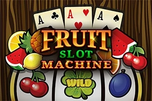 Kort med es og spar samt frugt som appelsin, citron, ananas, vandmelon og kirsebær med teksten FRUIT SLOT MACHINE