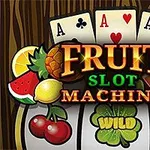 Kort med es og spar samt frugt som appelsin, citron, ananas, vandmelon og kirsebær med teksten FRUIT SLOT MACHINE