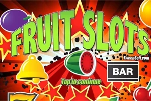 Farverigt billede med teksten FRUIT SLOTS, omgivet af frugtikoner, stjerner, en klokke og en BAR-symbol