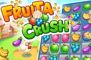 Farverigt puslespil med frugter som bananer, æbler, og druer på et gitter med en tegneserieagtig kylling ved siden af