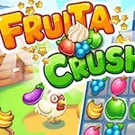 Farverigt puslespil med frugter som bananer, æbler, og druer på et gitter med en tegneserieagtig kylling ved siden af