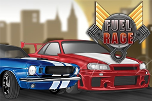 To sportsbiler, en blå og en rød, med en skyline i baggrunden og et mærke med teksten Fuel Rage