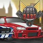 To sportsbiler, en blå og en rød, med en skyline i baggrunden og et mærke med teksten Fuel Rage