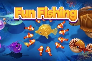 Gule bogstaver Fun Fishing med farverige fisk, herunder klovnfisk, en guldfisk, en skildpadde og en nautilus, mod en blå baggrund