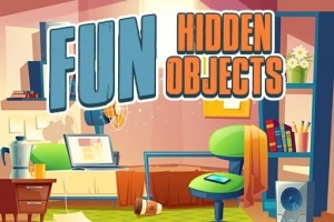 Illustration af et rodet værelse med farverige møbler og et stort skilt med teksten FUN Hidden Objects