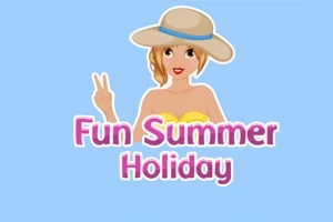 Kvinde i gul badedragt og bredskygget hat laver fredstegn, med teksten Fun Summer Holiday på blå baggrund