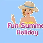 Kvinde i gul badedragt og bredskygget hat laver fredstegn, med teksten Fun Summer Holiday på blå baggrund