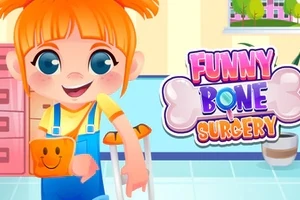 Tegneseriebarn med orange hår og krykker smiler i et farverigt værelse med teksten Funny Bone Surgery