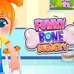 Tegneseriebarn med orange hår og krykker smiler i et farverigt værelse med teksten Funny Bone Surgery