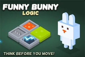 3D-kaninfigur og farverige ternede felter med teksten Funny Bunny Logic øverst