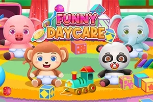 Søde dyr som en abe, panda, elefant og gris sidder på et farverigt legeområde med legetøj og teksten Funny Daycare