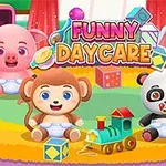 Søde dyr som en abe, panda, elefant og gris sidder på et farverigt legeområde med legetøj og teksten Funny Daycare