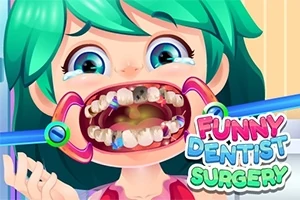 En tegneseriefigur med grønt hår og store øjne, der får tandlægebehandling med en mundåbner, mens teksten Funny Dentist Surgery vises