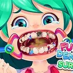 En tegneseriefigur med grønt hår og store øjne, der får tandlægebehandling med en mundåbner, mens teksten Funny Dentist Surgery vises